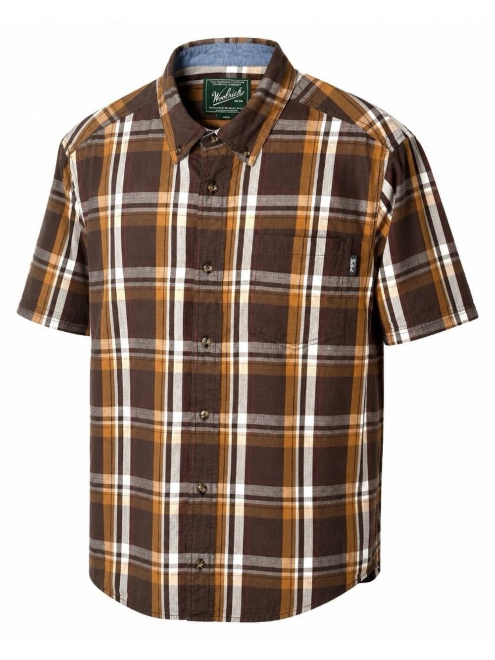 Woolrich Plaid Button Up Shirt Mens L Brown Short Sleeve Cotton Outdoor Fishing